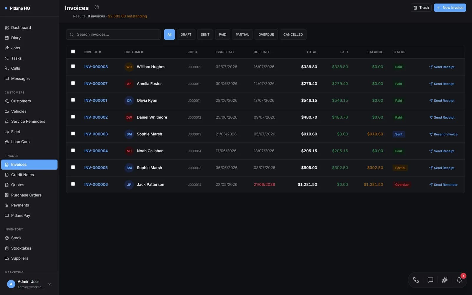 A PitlaneHQ invoices list showing GST-inclusive totals and payment status for a demo workshop
